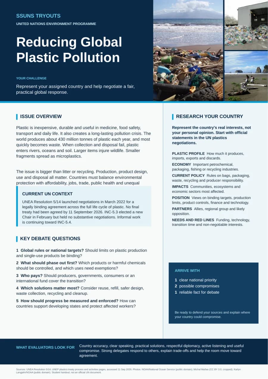 Preview of the SSUNS tryout brief about reducing global plastic pollution